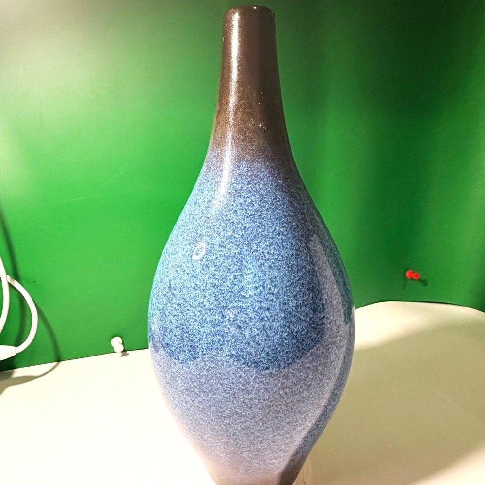 Tall Blue Brown Speckled Ceramic Bud Vase 9.5” Modern Pottery Bottle Home Décor